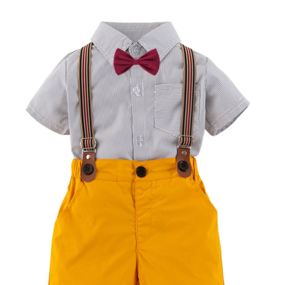 Black Stripe Shirt, Mustard Shorts, Suspender & Bowtie 4pcs Little Boy Outfit